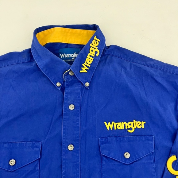 Wrangler Western Shirt Mens Button Down Shirt Blue Spell Out Long Sleeve Cowboy - Picture 2 of 10